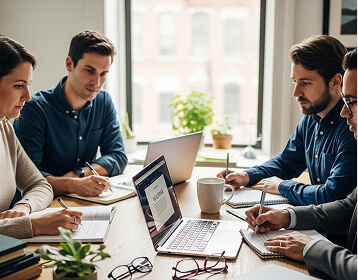 A meeting involving four persons discussing important issues.
