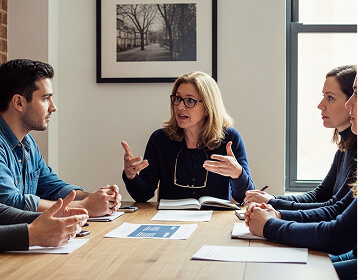 A meeting involving 5 persons. They are having a deep discussing.